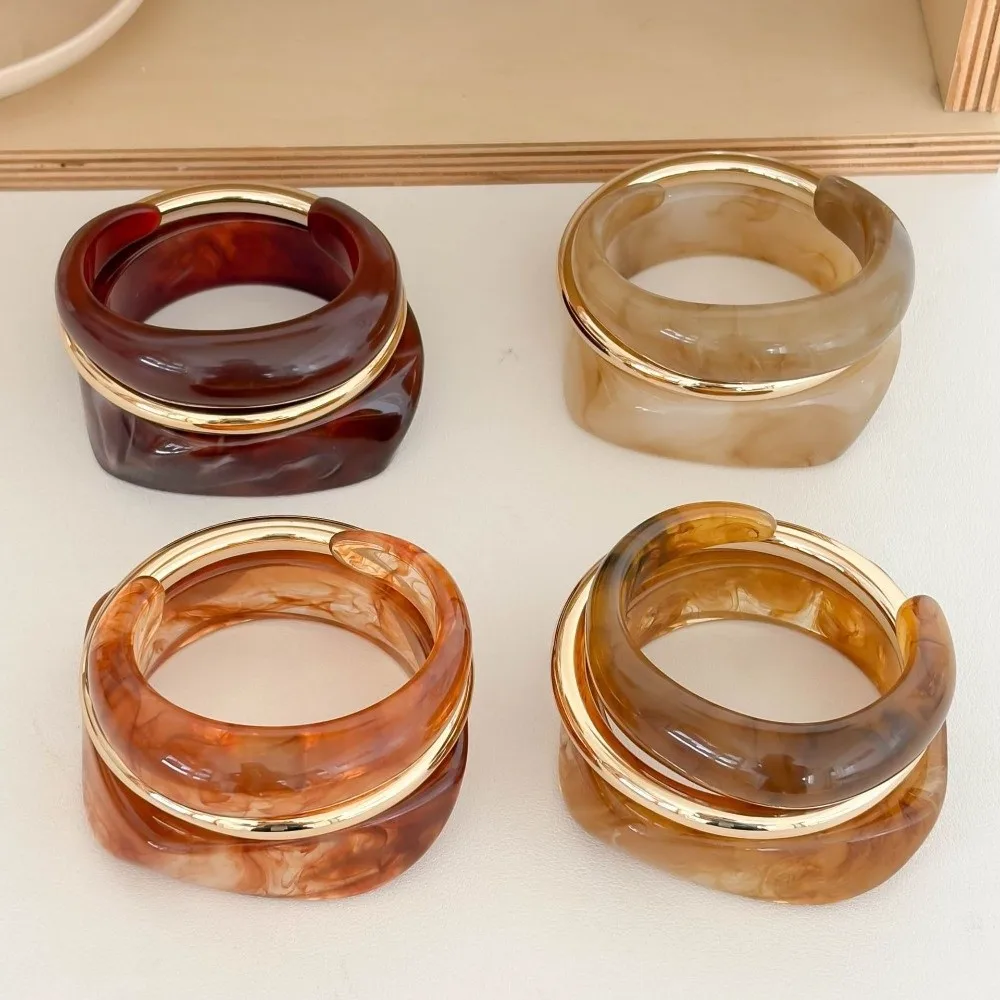 3Pcs/Set New Multi-color Irregular Resin Bangles Set Smudged Alloy Round Open Bracelet Stackable Gold Cuff Bracelet Set Women