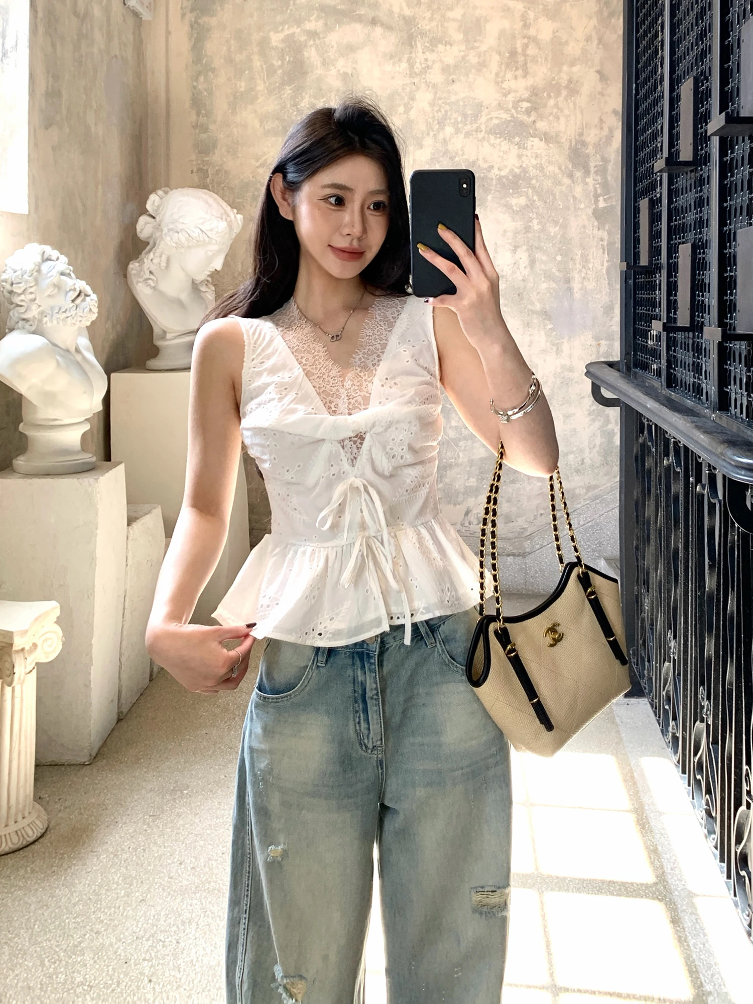 

Elegant Style Lace Shirt Women's Summer Design Sleeveless Vest Short Top V-neck Romantic Home Fashion by WITHMXBOOM