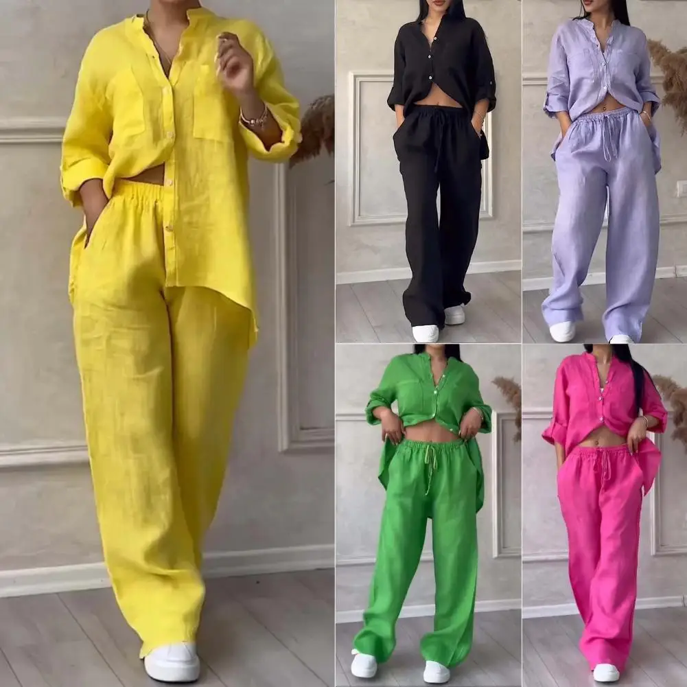 Single-breasted Top Wide Leg Pants Set Versatile Women's Homewear Set Stylish Stand Collar Shirt Wide Leg Pants for Comfortable