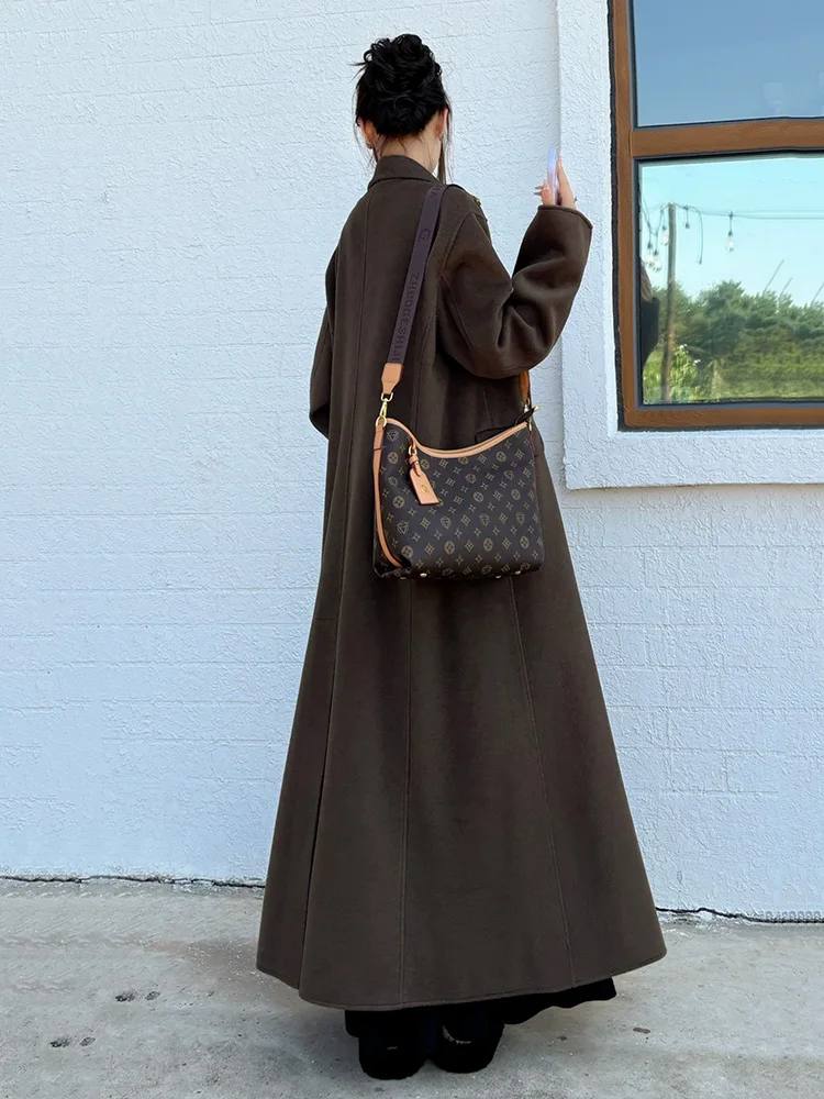 New Women Elegant Daily Double-Faced Wool Coat Autumn Winter Fashion Turn-down Collar Double Breasted Loose Casual Wool Overcoat
