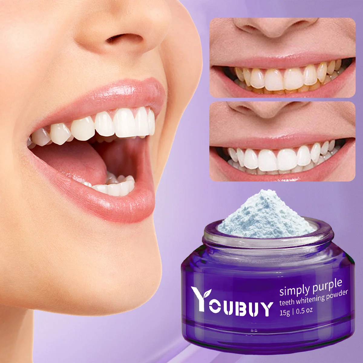 YOUBUY Simply Purple Teeth Whitening Powder - Purple Color Corrector for Teeth Brightening - Removes Coffee, Tea & Smoke Stains