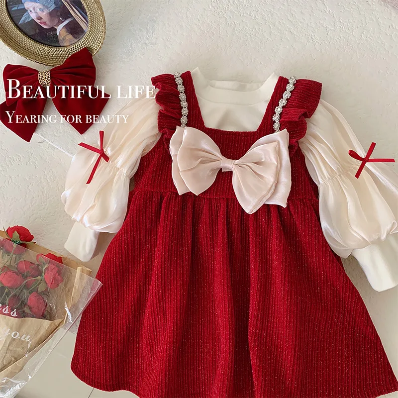 Girls Clothes Suit Dress Set Winter Foreign Style Girl Baby Red New Year Set with Velvet and Thick Red Princess Dress Set