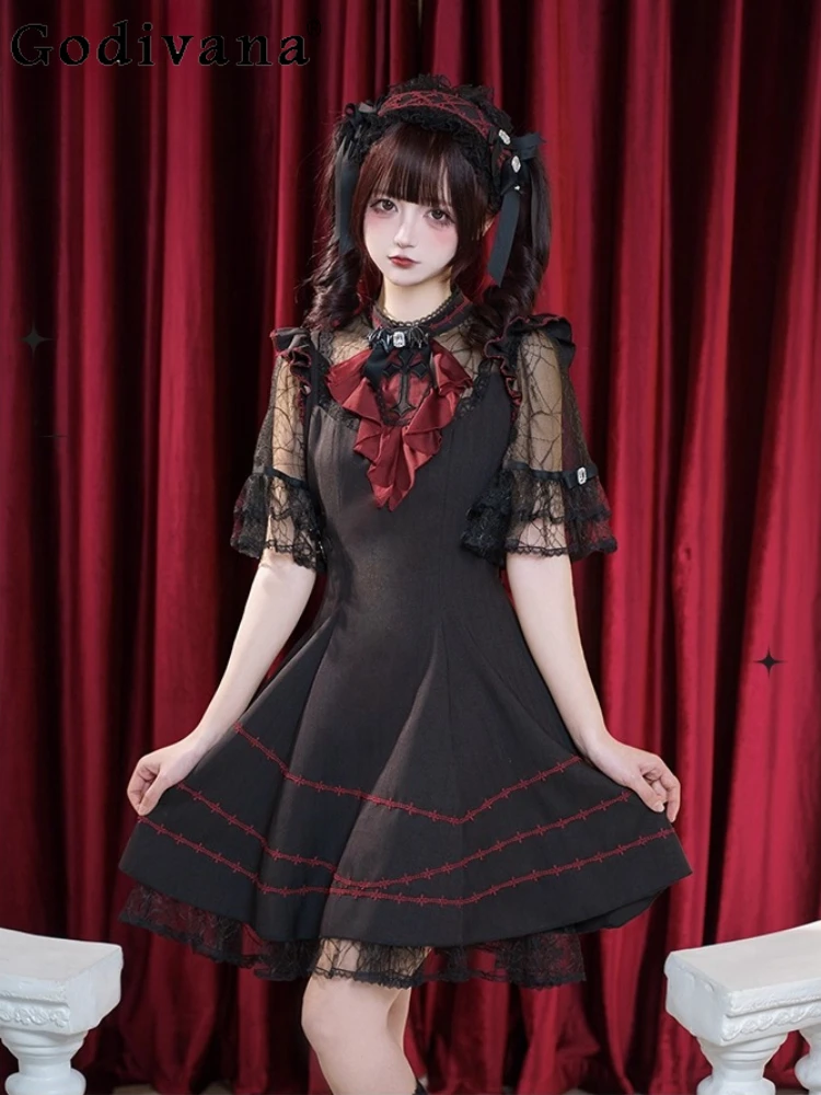 

Original Black Goth Subculture Short-sleeved Dress Summer 2025 Japanese Girl's Cute Bow Lace Sleeve Short Lo Dress Y2k Headband