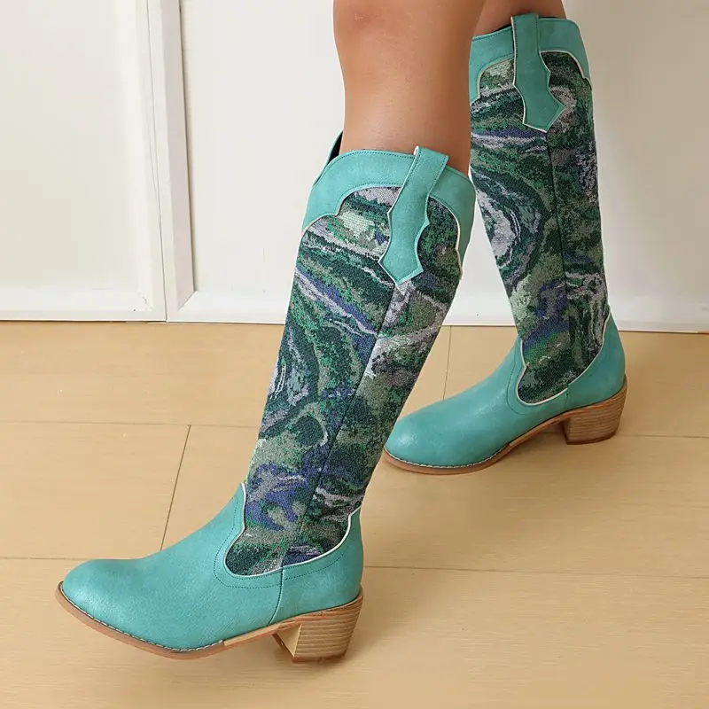 

ORCHA LISA/женские сапоги до колена в стиле вестерн, круглый носок, 5 см, блочный каблук, без шнуровки, с вышивкой, разноцветные, большой размер 44-46, повседневные