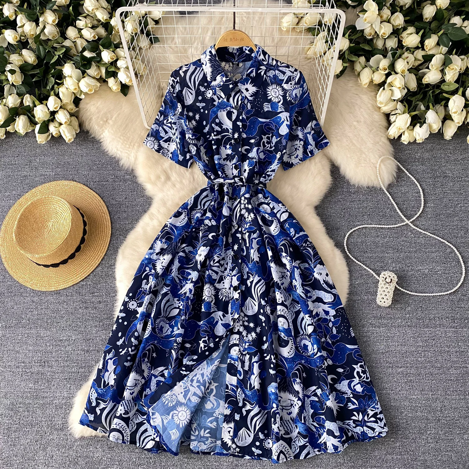 Vintage Chiffon Polo-neck Short Sleeves Single Breasted Loose Dress Women A-LINE Fashion Summer Dresses