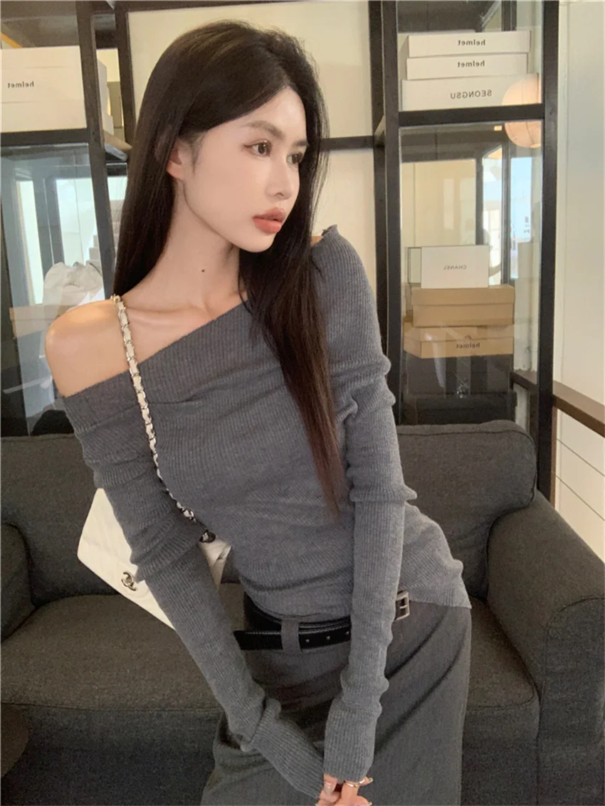 PLAMTEE Solid Slash Neck Sweaters OL Women Elegant Sexy Knitted 2023 Chic Slim New Autumn Full Sleeve Off Shoulders Gentle