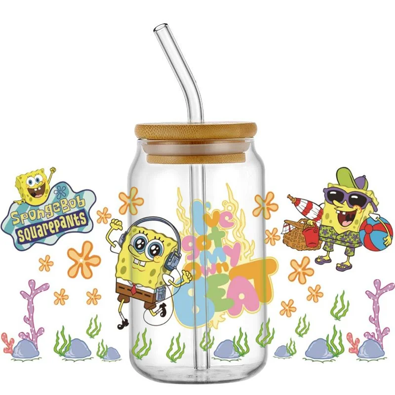 Miniso-pegatina de Bob Esponja para taza de dibujos animados 3D, pegatinas impermeables UV DTF Libby, pegatina de transferencia de envoltura, etiqueta personalizada, autoadhesiva con logotipo DIY