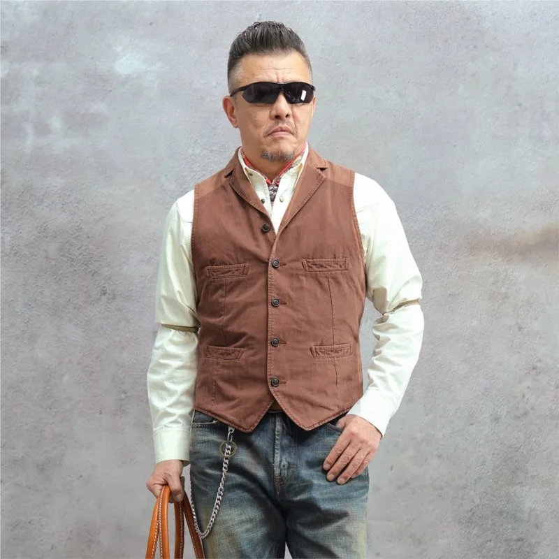 Amekaji Cotton Herringbone Pattern Brick Red Suit Collar Vest Fit American Style Kaji Retro