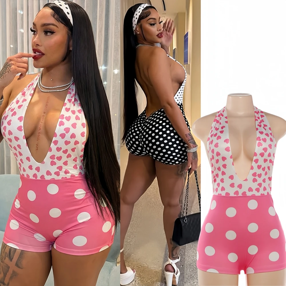 

FAGADOER Sexy Polka Dot Print Bodycon Rompers for Woman Deep V-neck Sleeveless Backless Jumpsuits Female Streetwear Overalls New