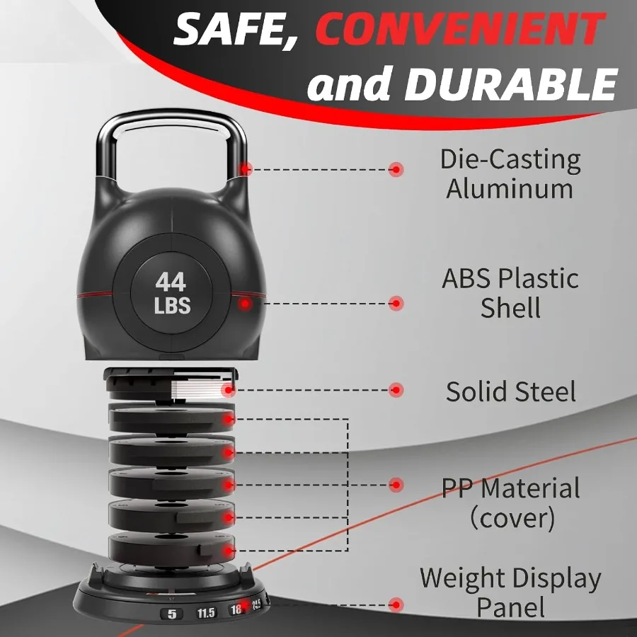 Zestaw Regulowanych Kettlebell LIFERUN - 7w1 Kettlebells do Ćwiczeń w Domu i Cross-trainingu Ofera Opcje Obciążenia 10 kg lub 20 kg