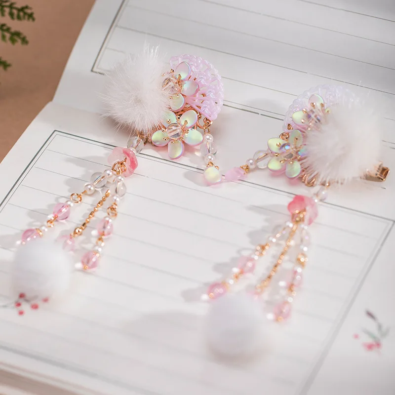 Hanfu Hair Clips 1 Pair Pink Fan Design Fluffy Plush Pom Pom Tassel Hairpins Vintage Chinese Costume Hair Accessories For Women