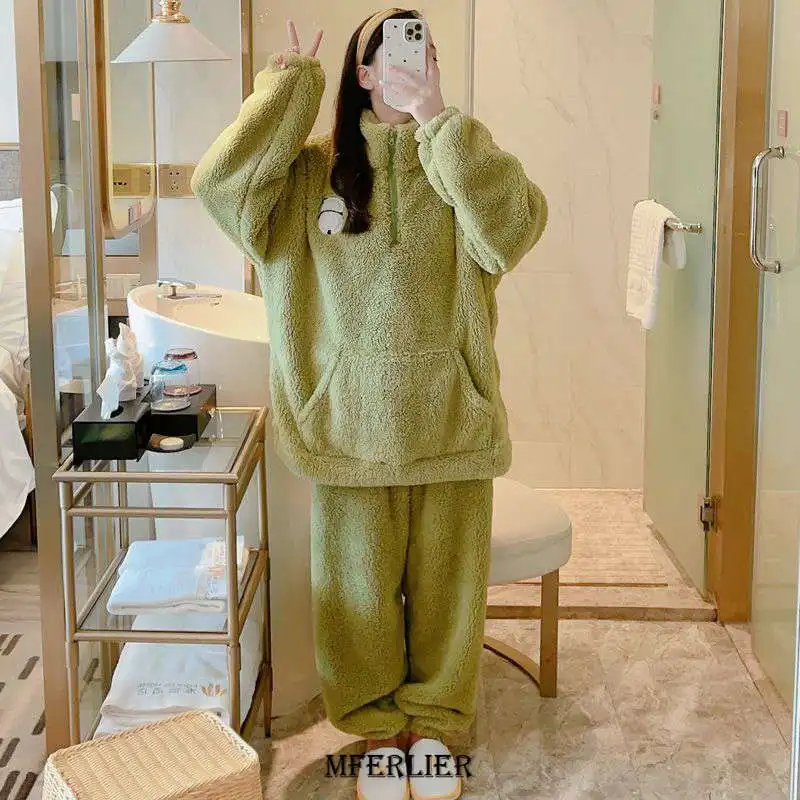 Plus Size 6XL 150kg Winter Warm Coral Fleece Pajamas Sets Long Sleeve Top And Pants Sleepwear Suit Women Female  Warm Homewear