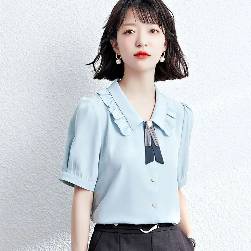 Women Summer Simplicity Bow Solid Color Peter Pan Collar Cardigan Short Sleeve Shirts Women Clothes Casual All-match Trend Tops