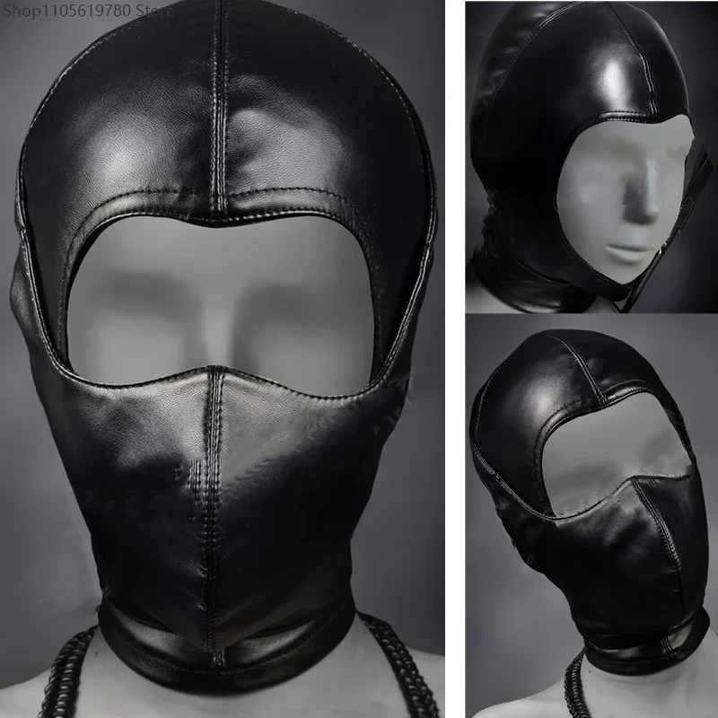 Glossy PU Leather Full Head Hood Mask Large Face Cutout Open‑Mouth Design Black Head Cover Halloween Cosplay Bar Costume Prop