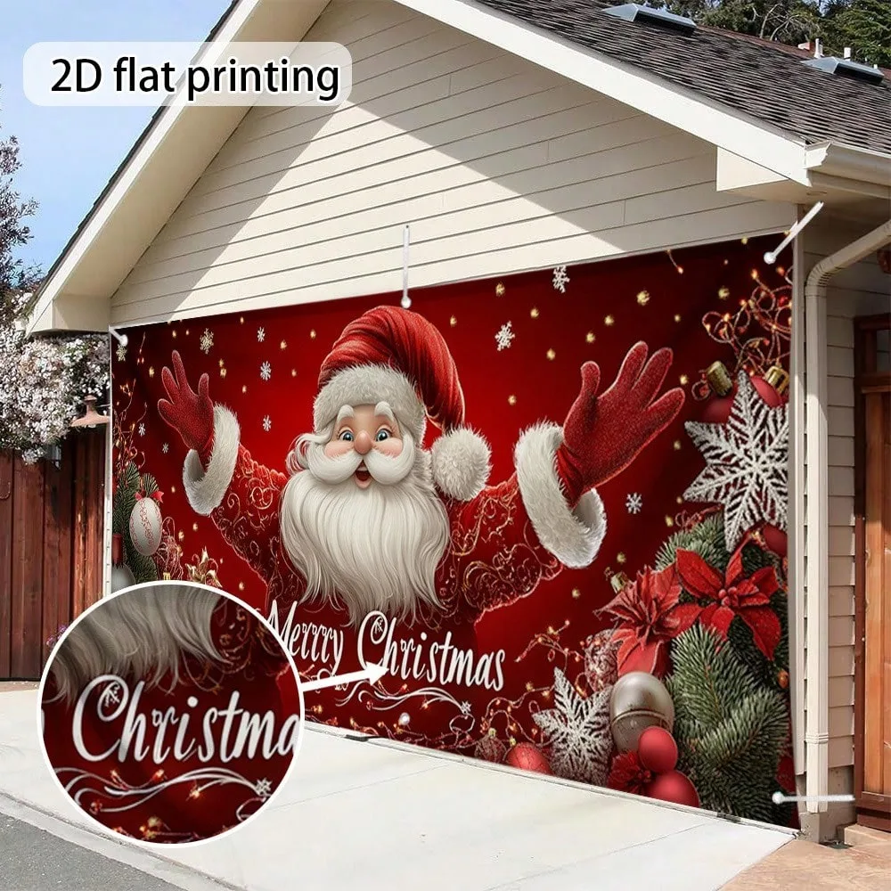 Christmas Garage Door Banner Santa Claus Merry Xmas Polyester Backdrop Large Outdoor Garage Door Cover for Holiday Xmas Decor view 2