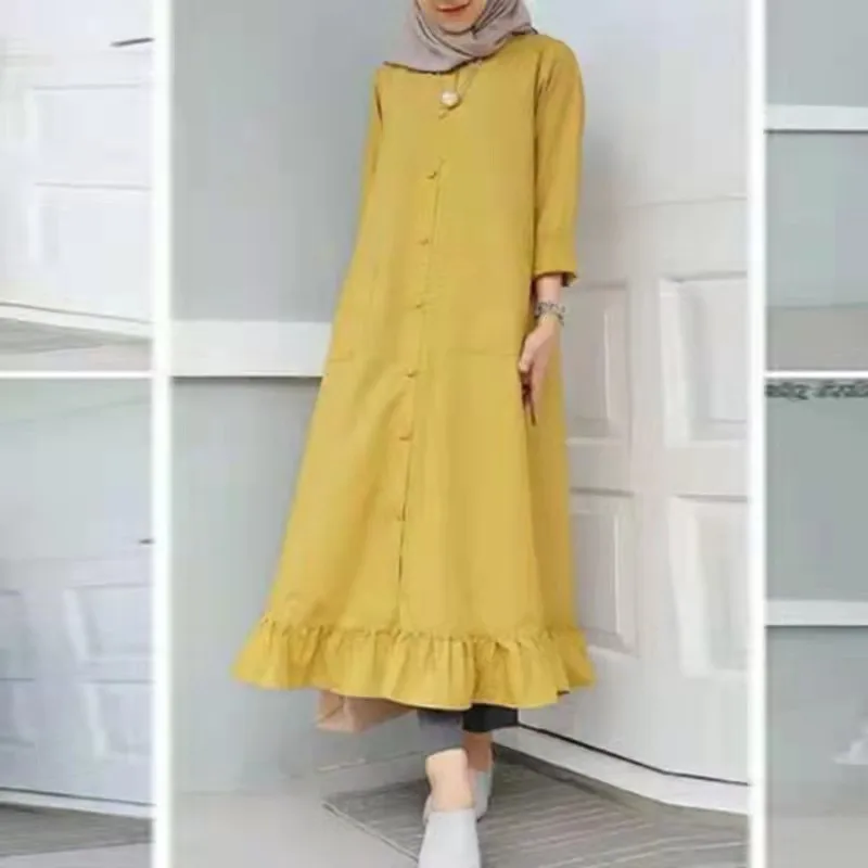 

2023 New Muslim Abayat Dress Solid Round Neck Button Placket Abaya Femme Pocket Long Sleeve Ruffle Hem Islamic Long Skirt