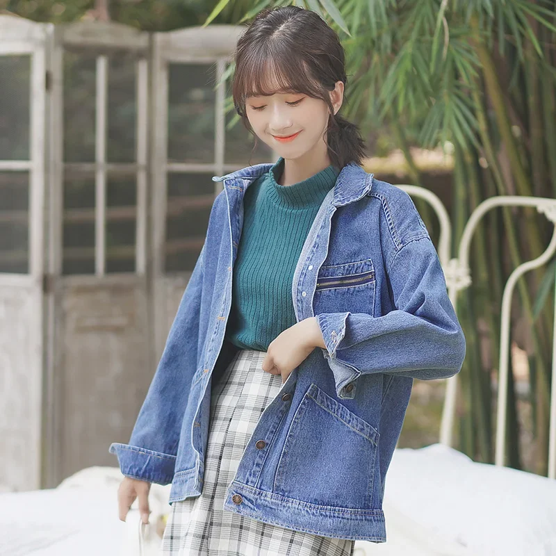 Spring Autumn Women Blue Jean Jacket Vintage Single Breasted Long Sleeve Loose Jacket Female Casual Beige Denim Coat