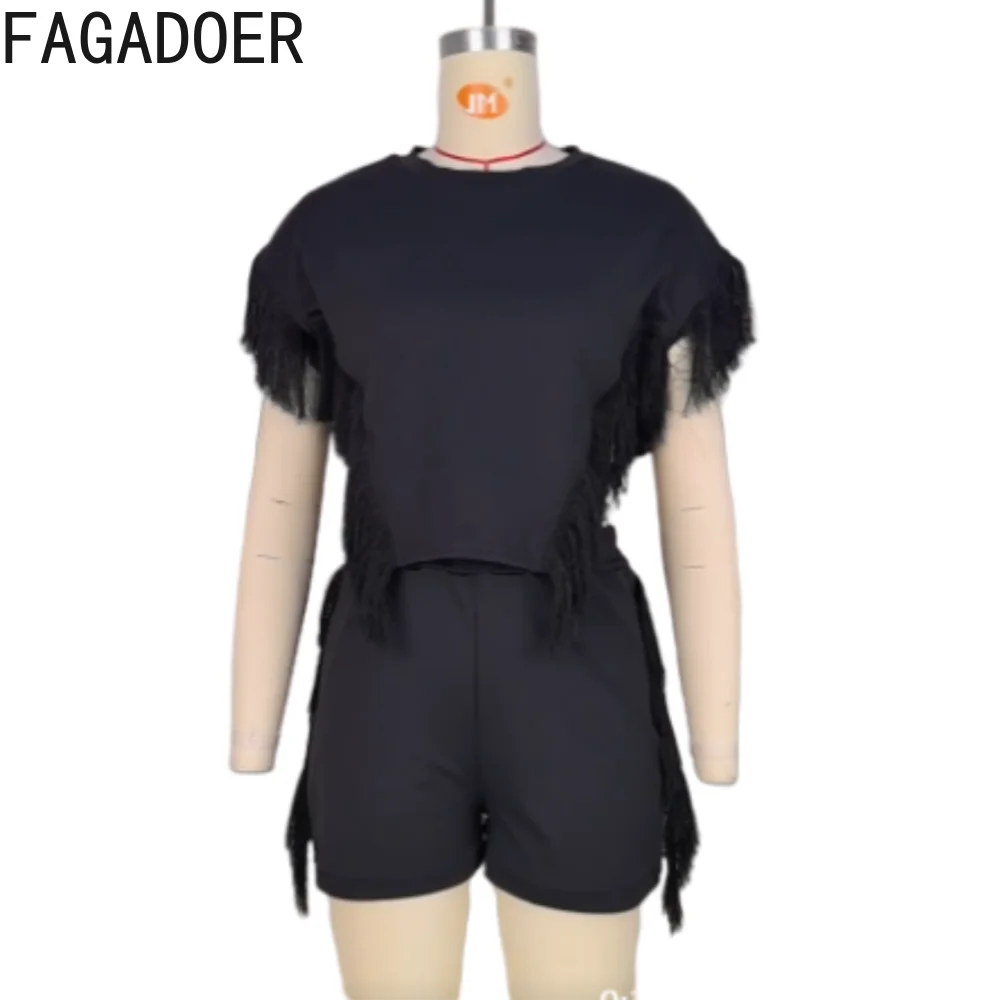 FAGADOER Summer New Solid Color Tassels Design Two Piece Sets Women Round Neck Sleeveless Top + Shorts Outfits Female 2pcs Suits