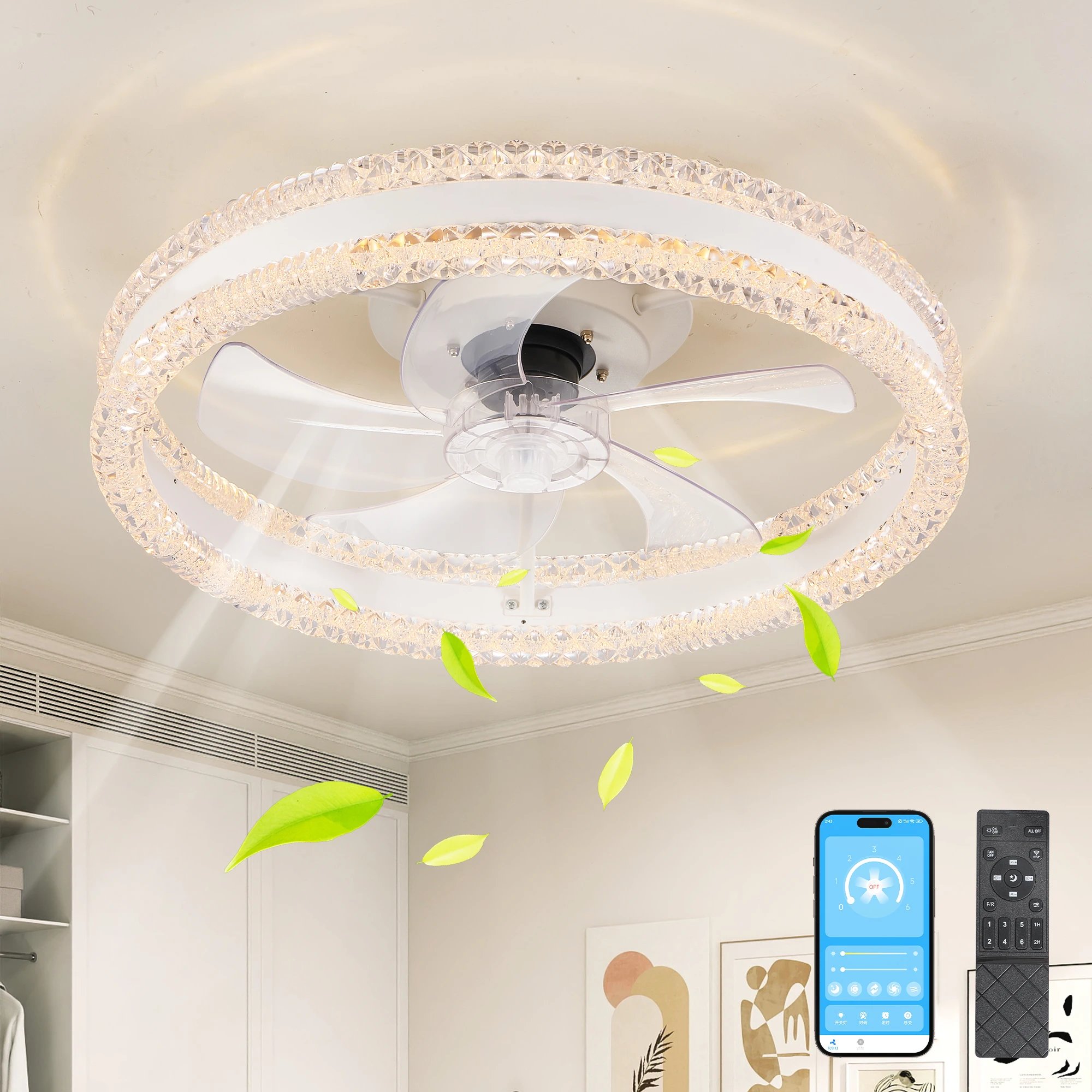 

20" Luxury Double Ring LED Ceiling Fan with Light,Modern Flush Mount Design, Dimmable Lighting , Low Profile Silent Fan(White)