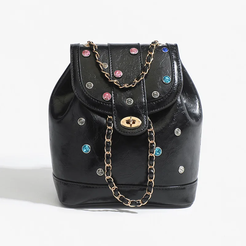 Fashion Leather Backpacks for Women 2024 Lady Multicolour Rhinestones Large Capacity Chain Handbags Luxury Double Shoulder Bags