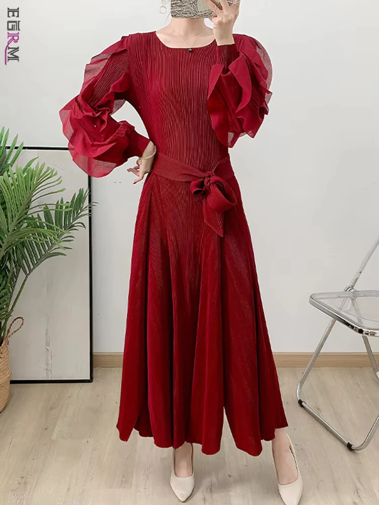 

EGRM вечерние платья трапециевидной формы, плиссированные для женщин, с круглым воротником, с длинными рукавами, на шнуровке, с неровным подолом, элегантное женское новое платье 2025, 6R8501