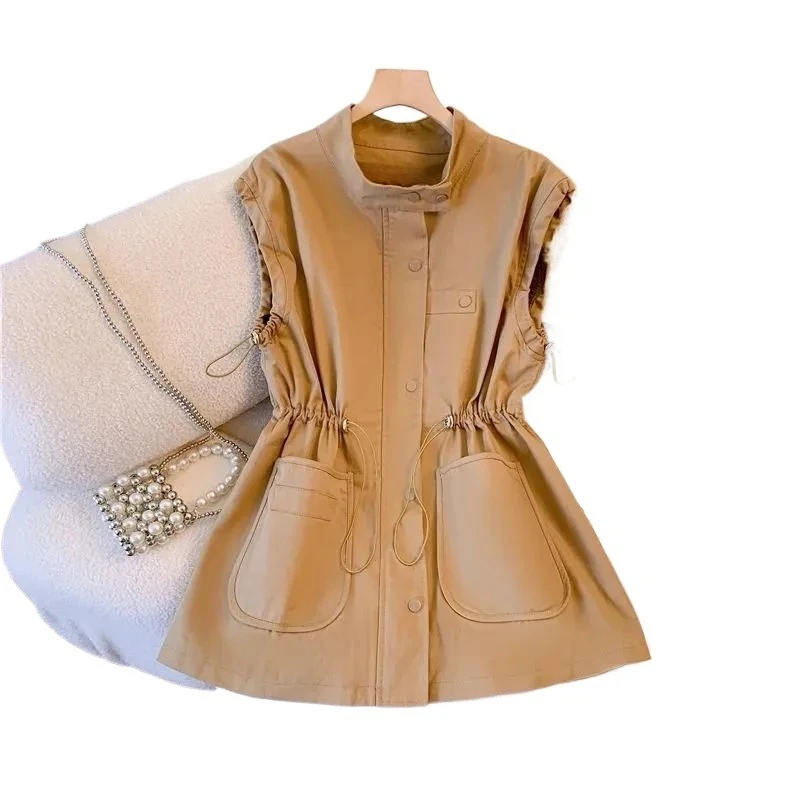 Design Sense Korean Version Casual Loose Splicing Pocket Medium and Long Tooling Vest Jacket