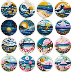 SDOYUNO Diy Wool Felting Painting Embroidery Frame Seascape Handmade Crafts Supplies Adults Needles Felting Kit Home Decoration