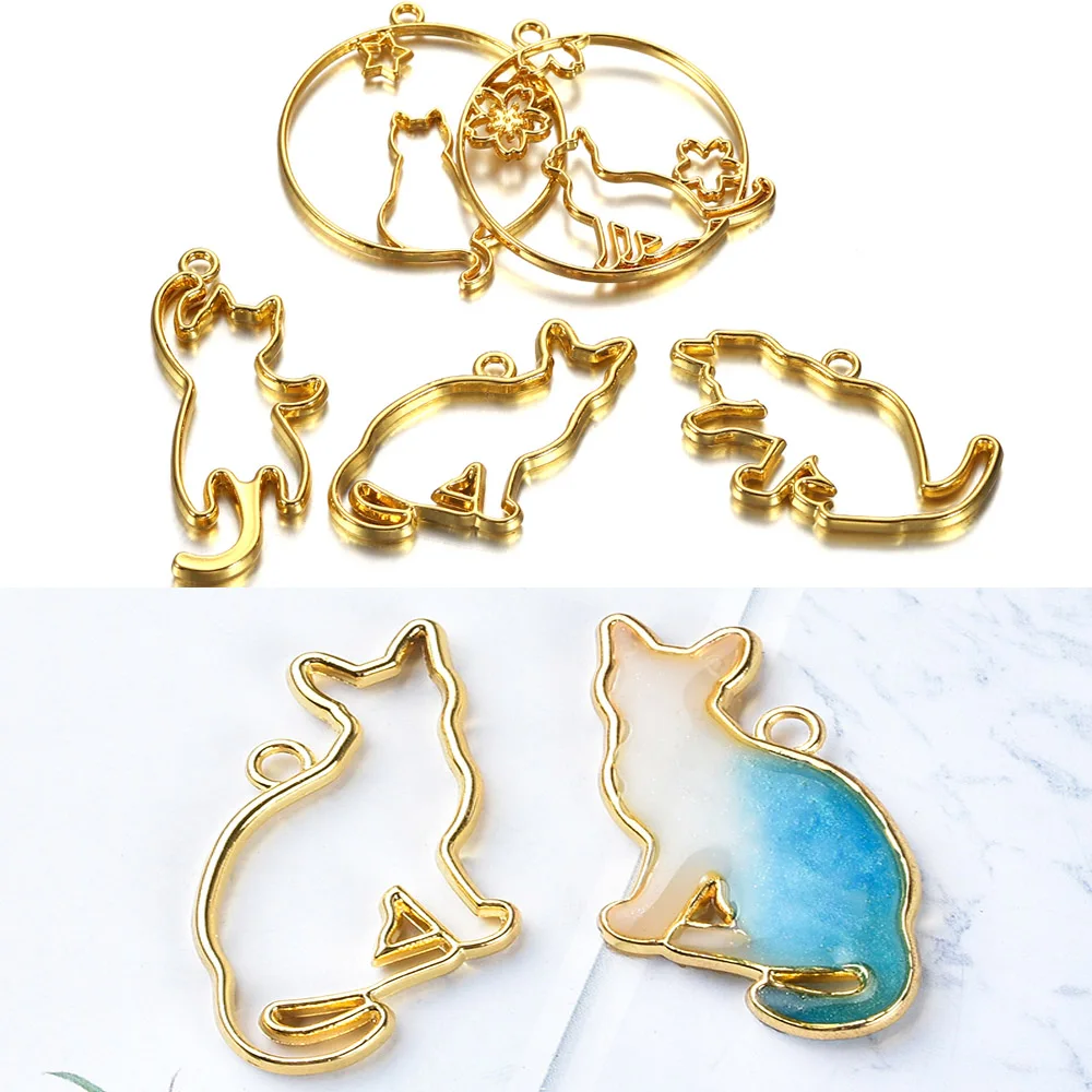 5pcs/set Metal UV Epoxy Resin Mold Cute Cat Frame For DIY Jewelry Making Necklace Pendant Kitten Cats Silicone Molds Tool Supply