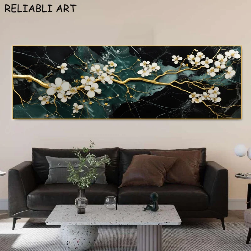 Green Marble Texture White Flower Tree Poster and Prints Modern Canvas Painting Wall Art for Living Room Home Decor No Frame