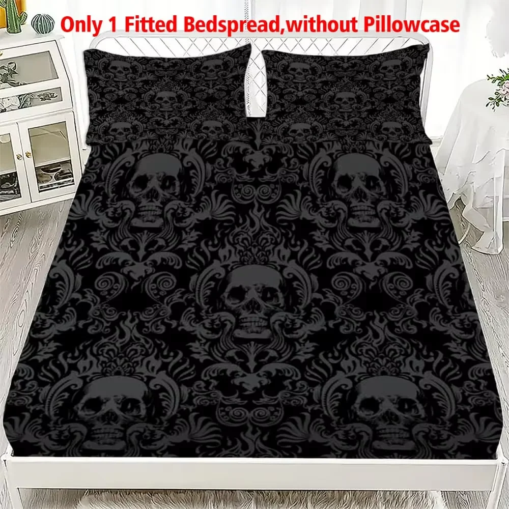1pc Gothic Damask Skull Print Fitted Sheet Deep Pocket Elastic Mattress Cover Single Double Queen King Bedroom Decor