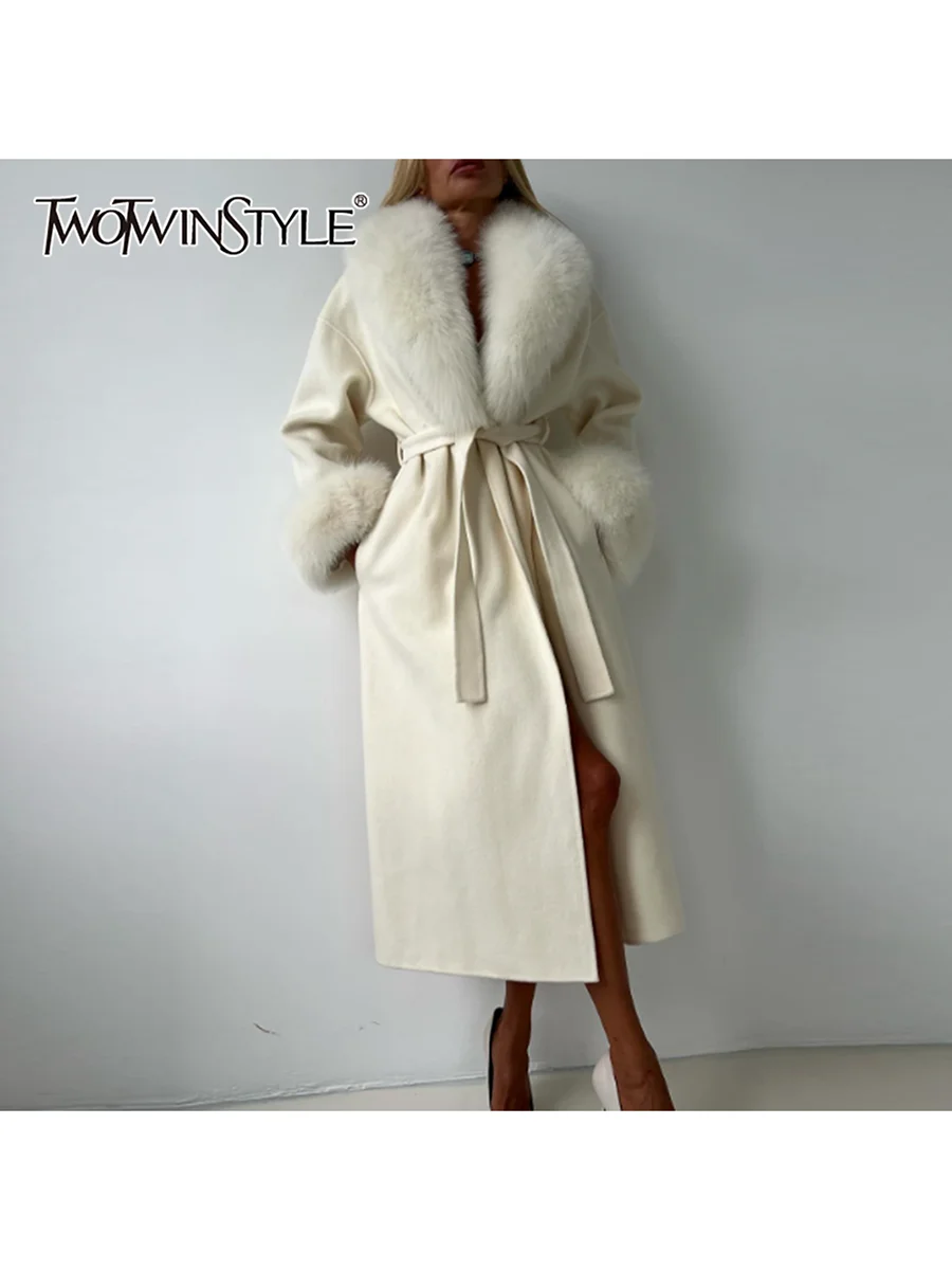 

TWOTWINSTYLE элегантные пальто с однотонным меховым воротником для женщин с v-образным вырезом и длинными рукавами в стиле пэчворк, базовое пальто со шнуровкой, женская одежда