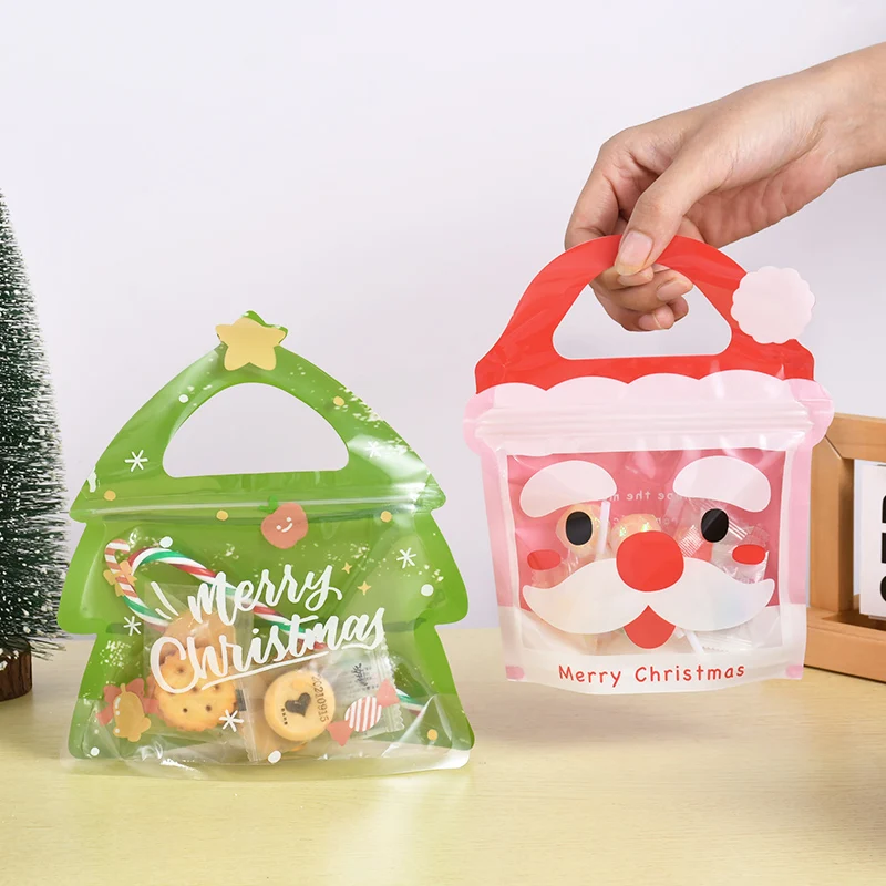 10Pcs Christmas Gift Bags Resealable Candy Chocolate Cookie Nougat Biscuit Zipper Packing Bags Xmas Kids Present Decor Pouches