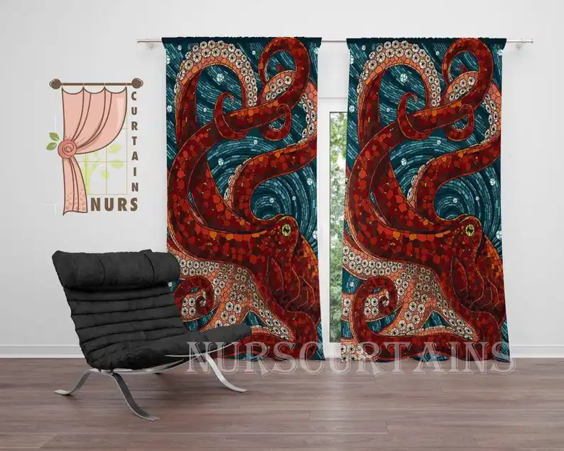 Mosaic Octopus Curtain with Colorful Green Orange Red Background Artistic Sea Life Window Panel for Creative Home Decor