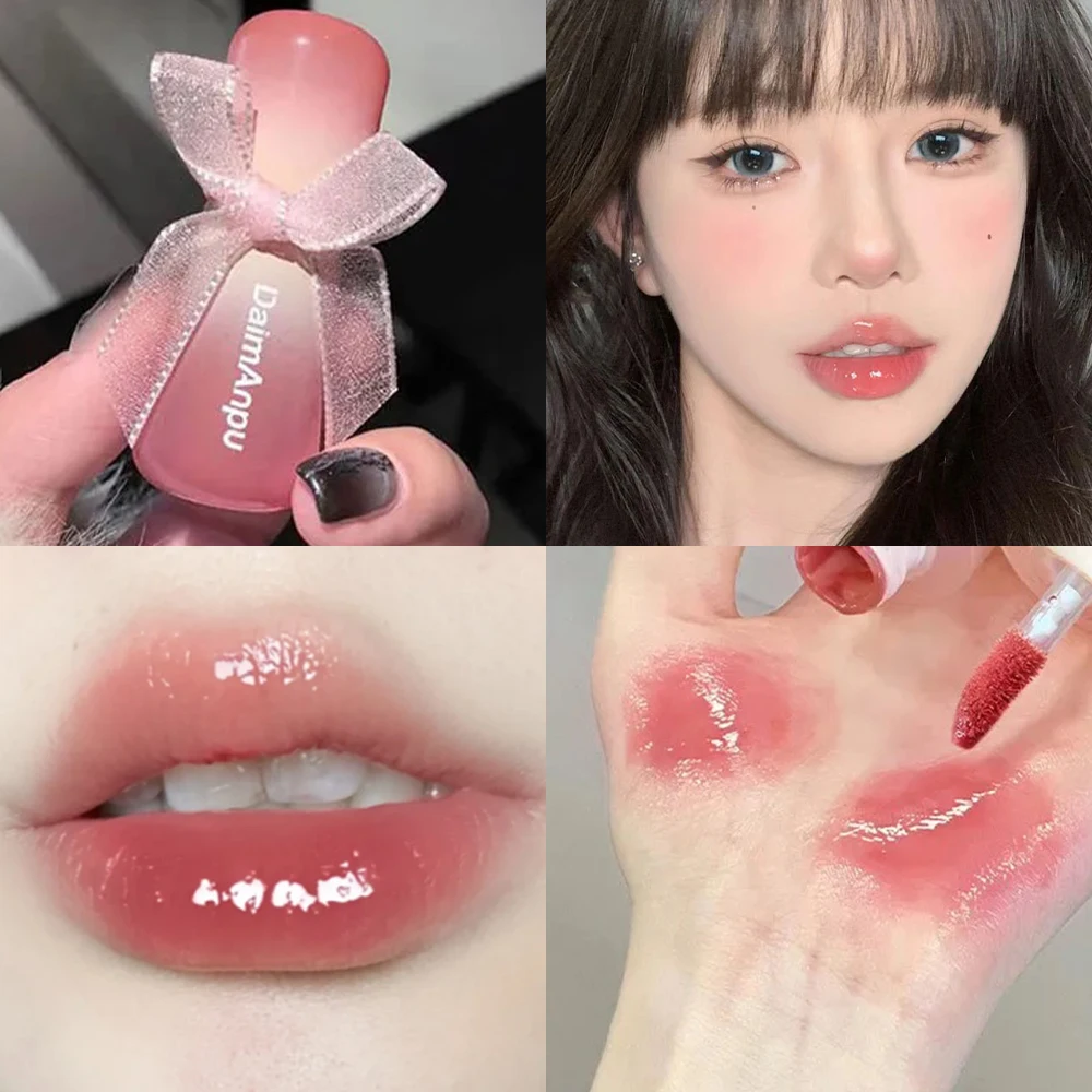 Cute Bow Mirror Lip Gloss Moisturizing Water-light Jelly Nude Red Pink Lips Tint Waterproof Long Lasting Korean Makeup Cosmetics