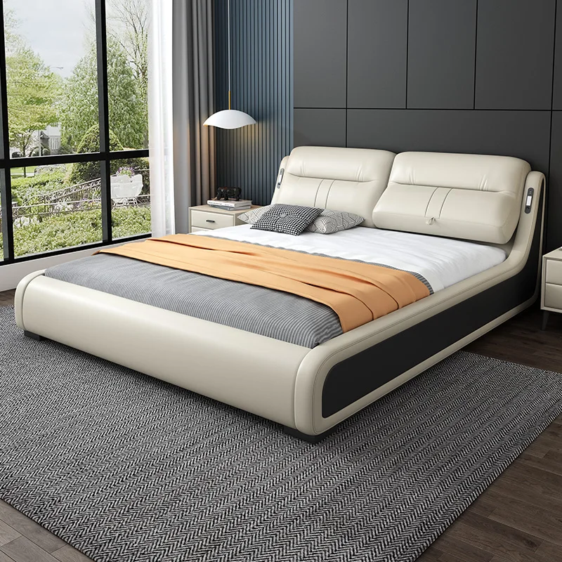 Multifunctional leather bed, modern and simple double smart bed, 2023 new master bedroom 2 meter x 2 meter king bed leather bed