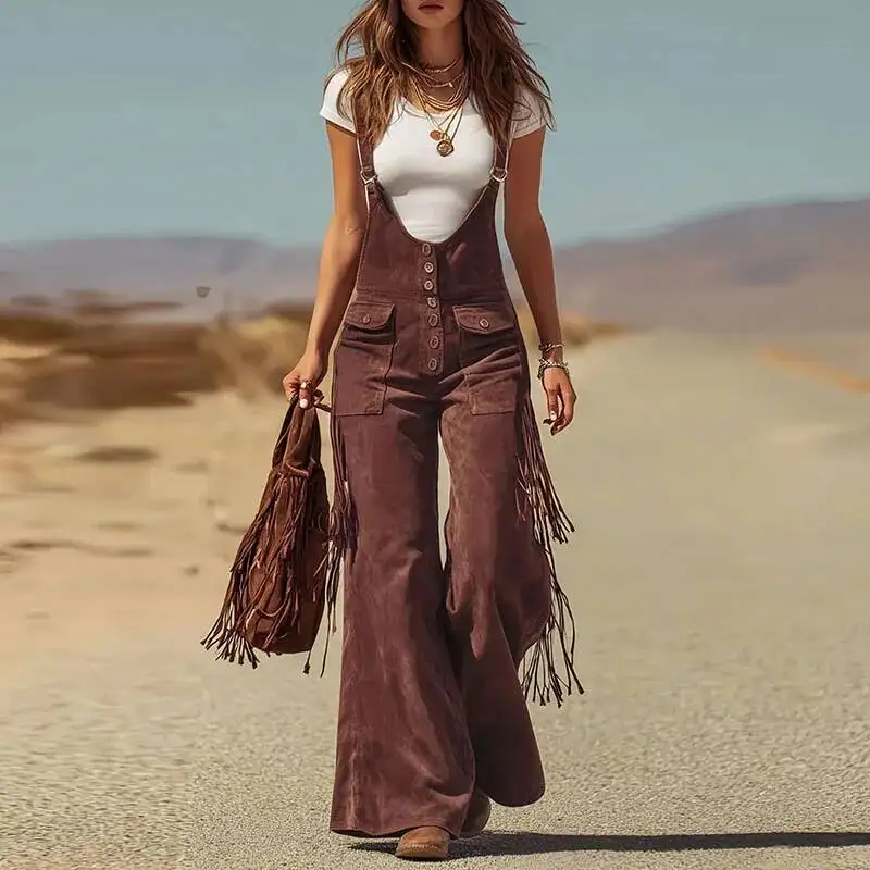 Spring Sexy U Neck Button Strappy Bodysuit Jumpsuit Woman Retro Solid Suede Straight Romper Summer Wide Leg Tassel Pant Overalls