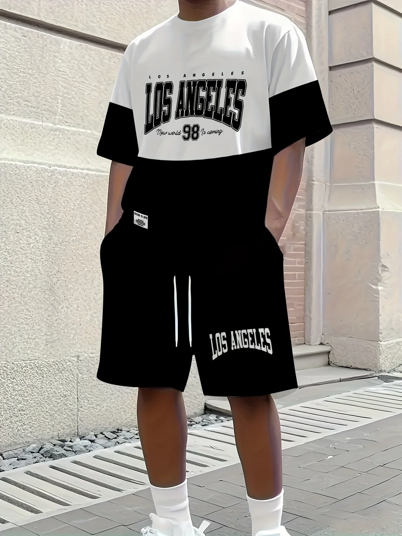 

Новинка 2025, мужской спортивный комплект, футболка с короткими рукавами и принтом Лос-Анджелеса, повседневный спортивный комплект, уличная одежда, шорты, мужской комплект из двух предметов