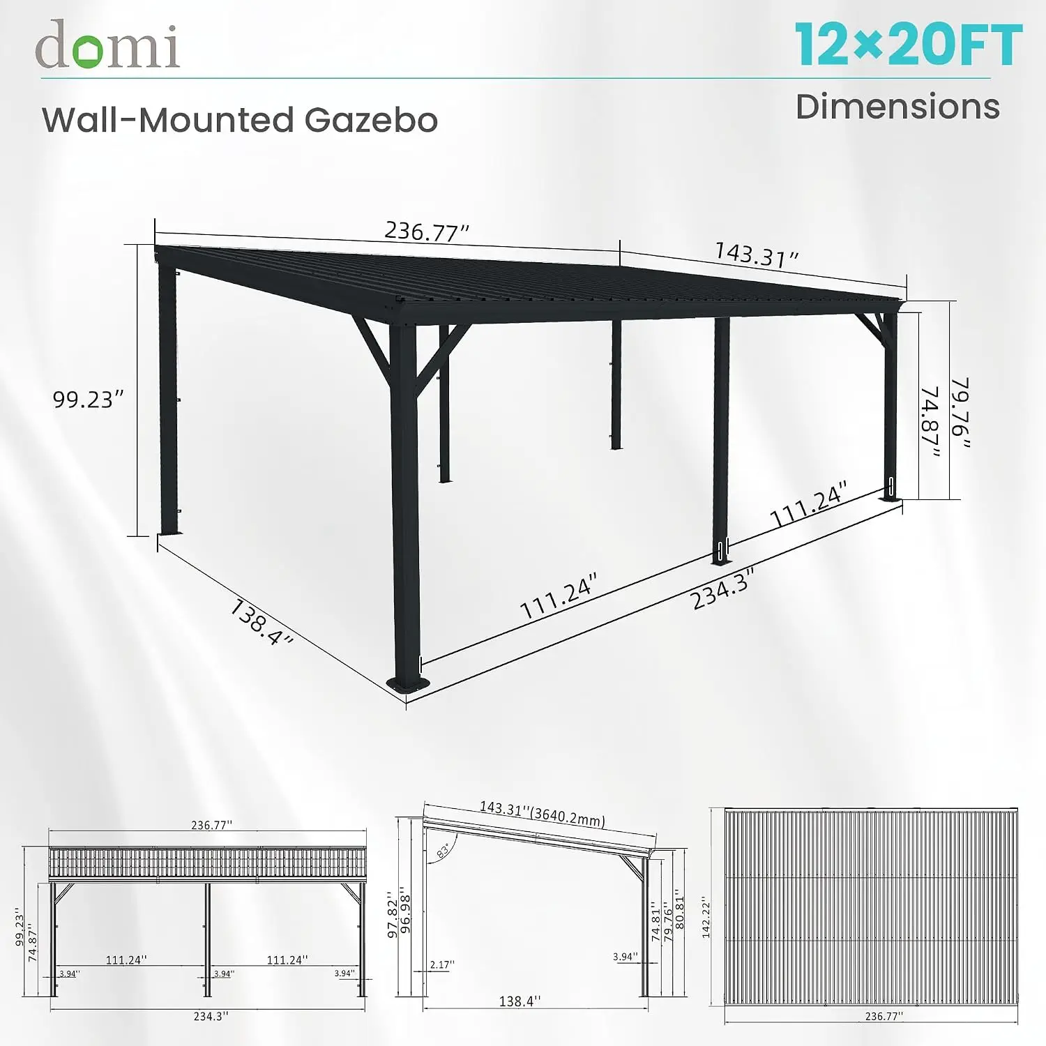 12 X 20 Lean To Gazebo Outdoor Wall Mounted Pergola Grey Drainage System Galvanized Steel Roof Hardtop Patio Shelter Deck Porch