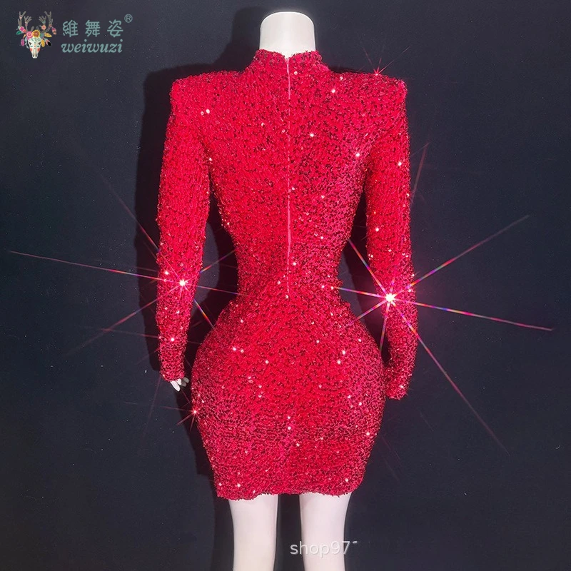 مثير وساحر الترتر الأحمر كم طويل نحيف قصير الورك تنورة المغني عرض مسرحي زي ملهى ليلي فساتين السهرة