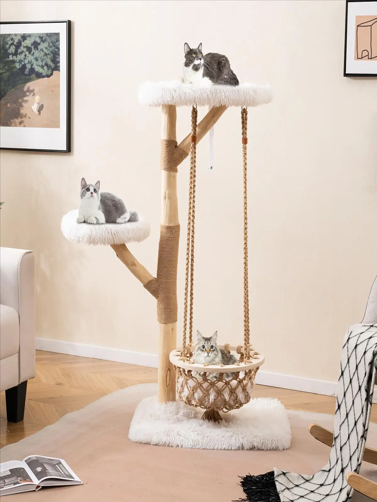 Katzenkratzbaum aus Holz mit Hängekorb, Seil, echten Holzzweigen, Jute-Kratzbaum, 2 Sitzstangen und Plattform