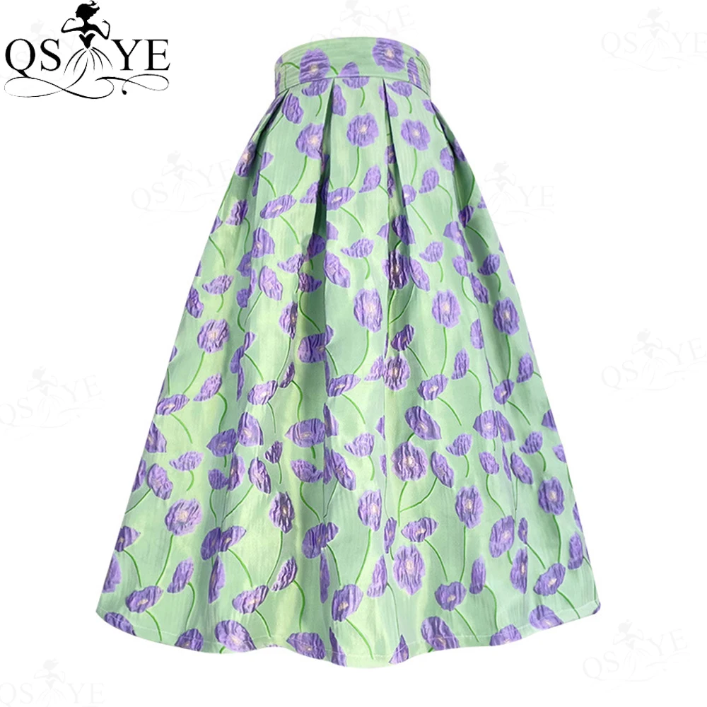 Fresh Look Green Prom Dress A line Overskirt Skirt Women Overlay Purple Flower Pattern Evening Gown Skirt Long Maxi Party Dress