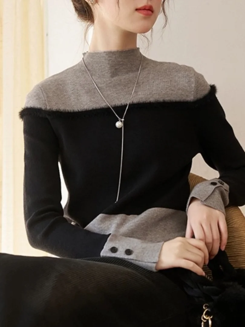 

Women's Vintage Sle Long Sve Knitted Sweater Fake Two-Piece Feather Design Slimming Base Layer Top Autumn Winter New Arr...