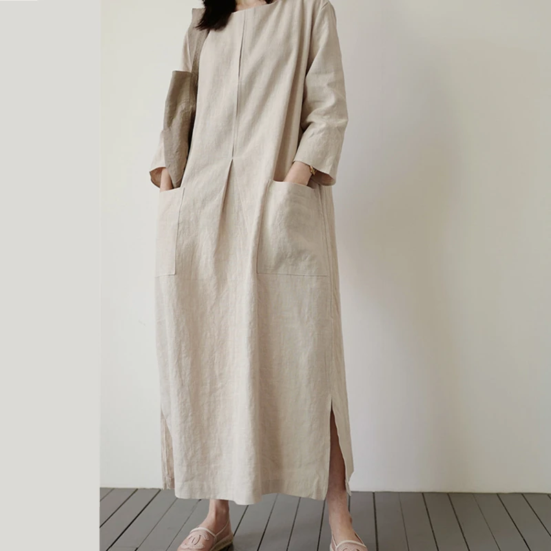 REALEFT 2024 New Cotton and Linen Women's Loose Long Dresses Pockets High Waist O-Neck Casual Straight Dress Female Summer