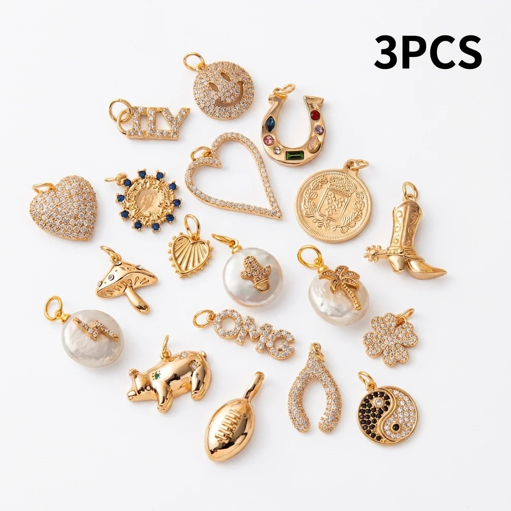 3 Stück Retro-Mode-Anhänger mit Hufeisen-, Lächeln-, Liebes- und Kleeblatt-Motiven zum Selbermachen für Schmuck – Detail 2