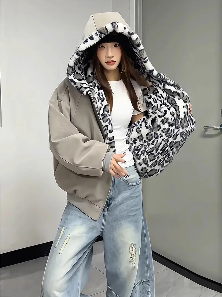 

ay Leopard Print Double-Sided Wear Mountain Eagle Cotton Jaet Men's Thiened Floed Autumn Winter American Trendy Brand