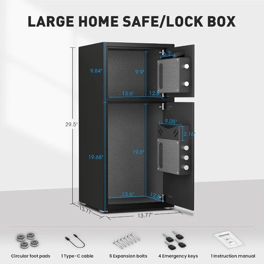 SAFE6.5 Cu ft Large Safe Box Fireproof Waterproof with LED Light for Home Documents and Valuables Fingerprint Password Personal