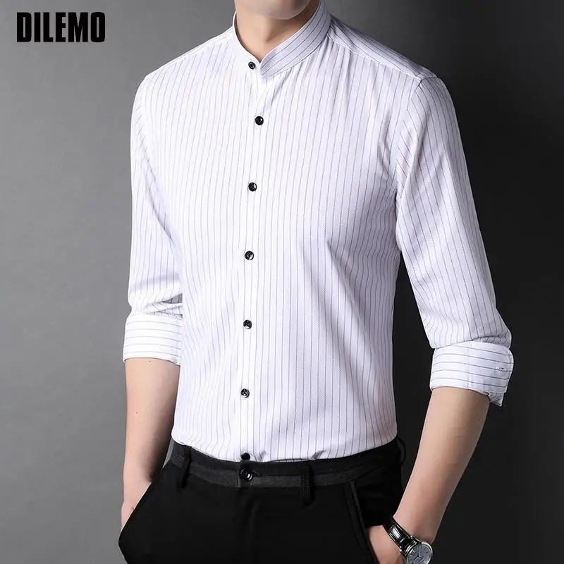 

New Fashion Brand Designer Slim Fit Mandarin Collar Vertical Stripes Mens Shirts Casual Luxury Long Sleeve Men Clothing