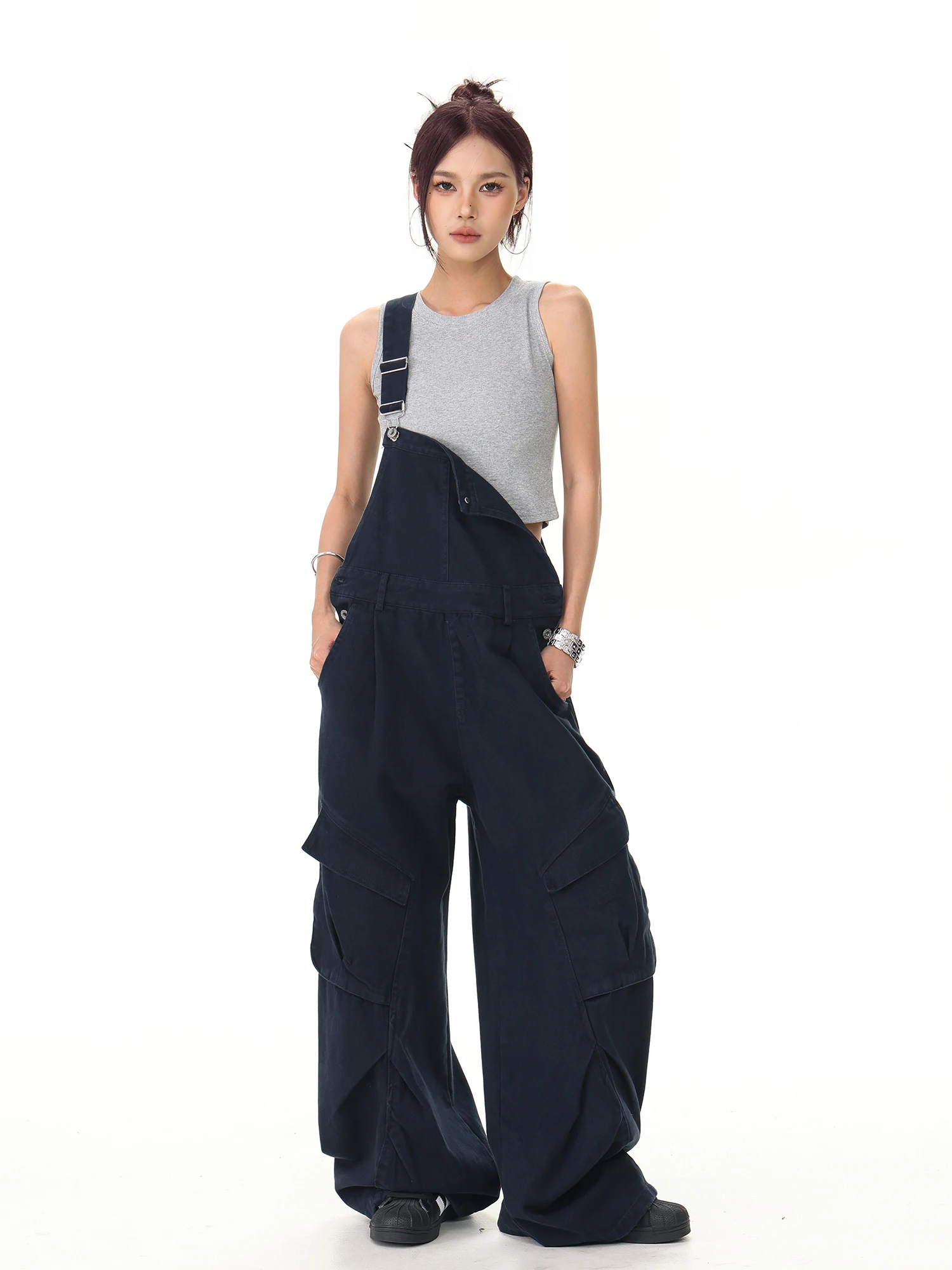 

Retro American Waed Multi-ket Workwear Overalls Loose Wide Leg Floor-Length Casual Pants for Men And Women