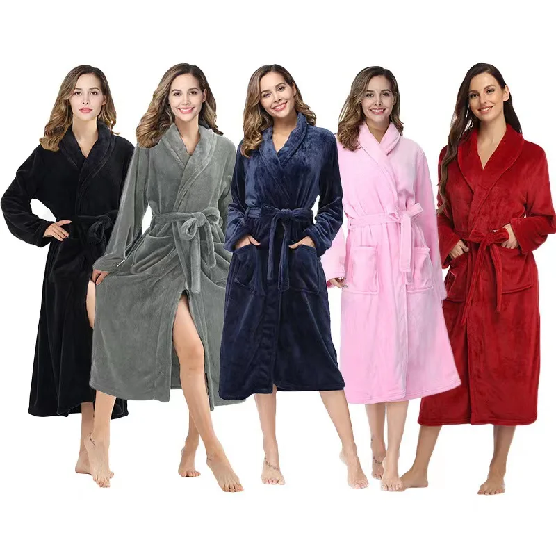 

Women Bathrobe, Autumn and Winter Thick Thermal Pajamas, Comfortable Flannel Homewear, Lapel Lengthened Nightgown