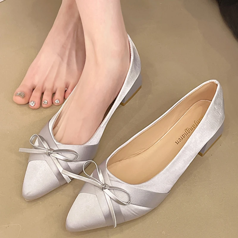 Bow Mid Heels Women's Shoes Designer Pointed Toe Shallow Heeled Shoes Elegant Pumps 2025 Summer Fad New Chunky Chaussures Femme